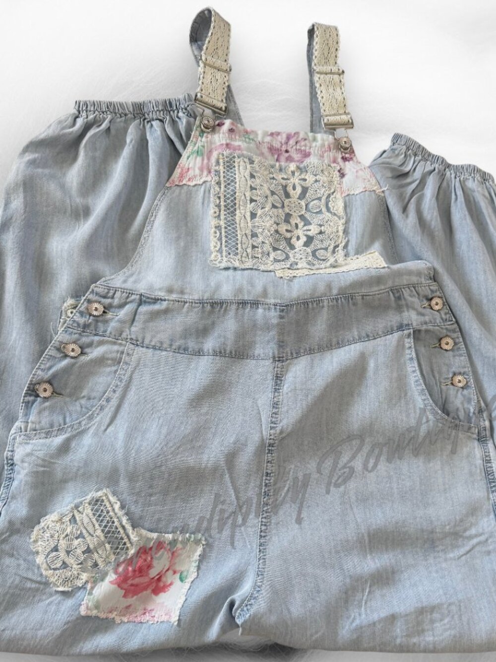 POL Sweet Boho Baby Faded Denim Floral & Lace Patchwork Girly Suspender Overalls - Picture 6 of 10